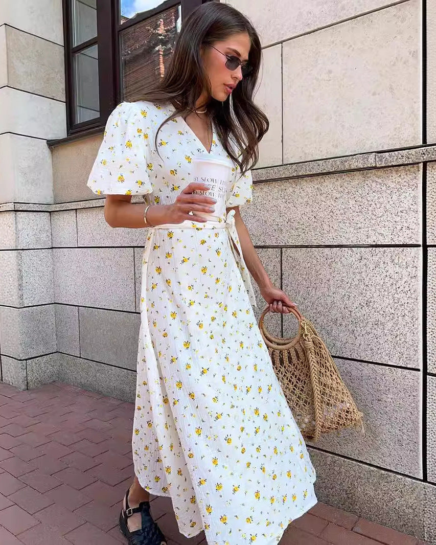 Vestido de Verano para Mujer Floral con Escote en V y Atadura Frontal – Vestido Elegante de Verano