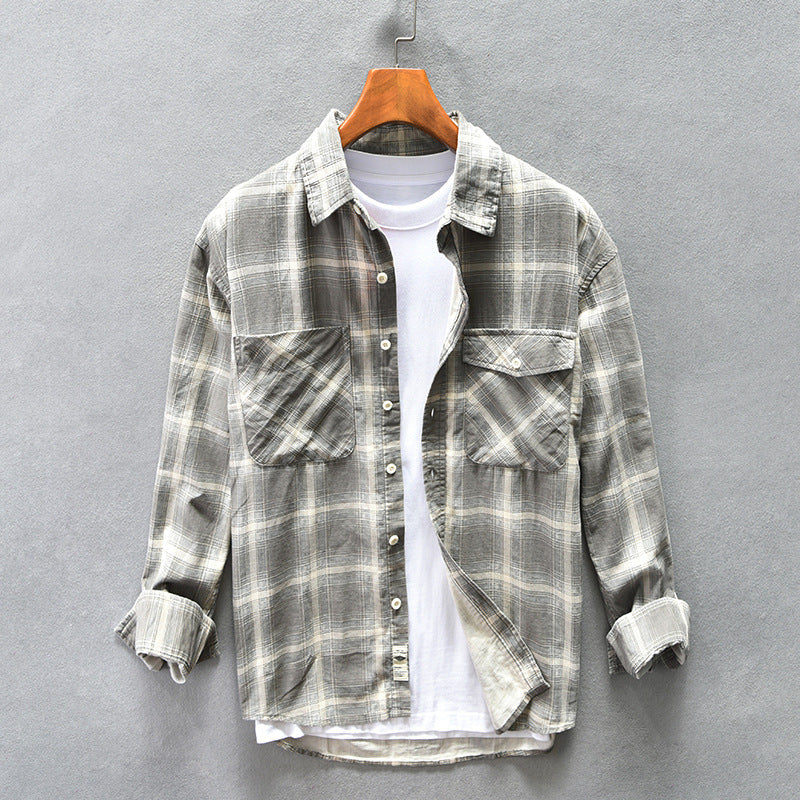 Camisa de hombre de otoño a cuadros de algodón, corte holgado y manga larga.