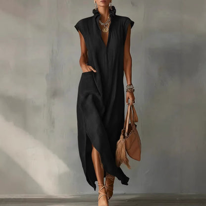 Women's Sleeveless Shirt Dress in Cotton and Linen – Loose Fit, Solid Color, Mid Length
