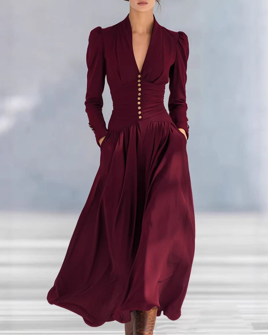 Women's Autumn Fitted Dress with High Waist and Pleats – Elegant Solid Color Midi Dress