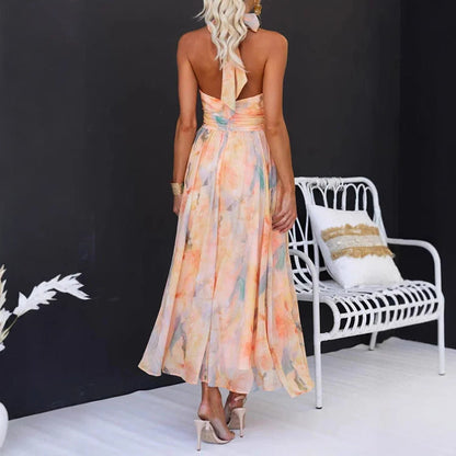 Vestido largo de mujer estilo vacaciones sin mangas con estampado y espalda descubierta – mezcla de poliéster