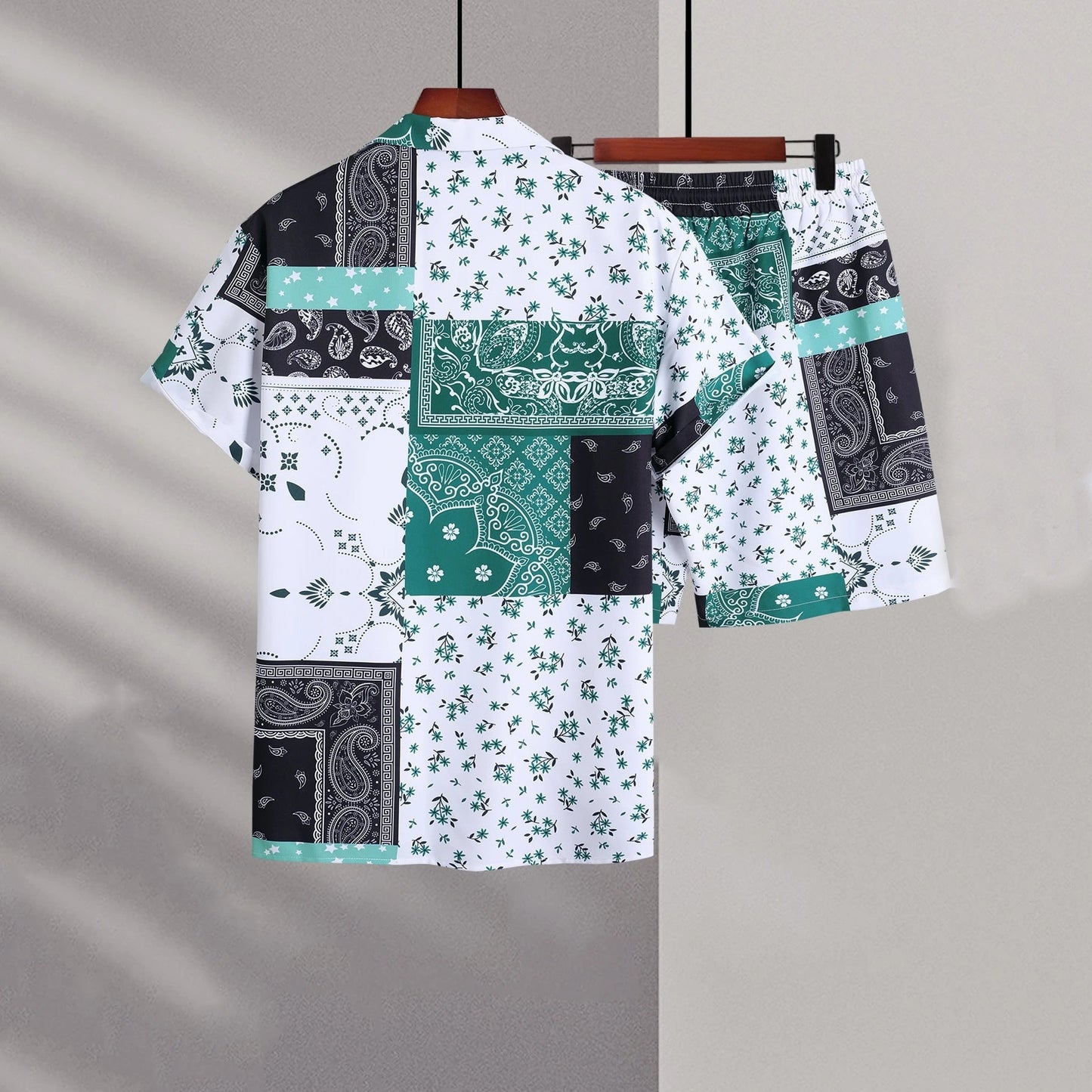 Traje completo de hombre de dos piezas con camisa de manga corta y pantalones cortos – Tejido elástico