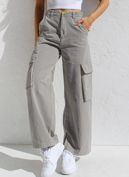 Low Waist Women's Denim Pants with Multiple Pockets and Loose Fit Workwear Style