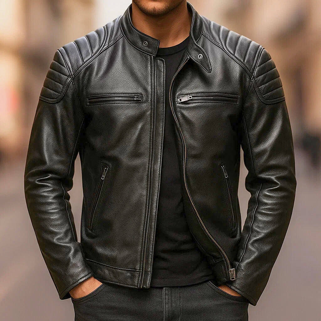 Men's Faux Leather Jacket with Reinforced Shoulders and Motorcycle Zip Details