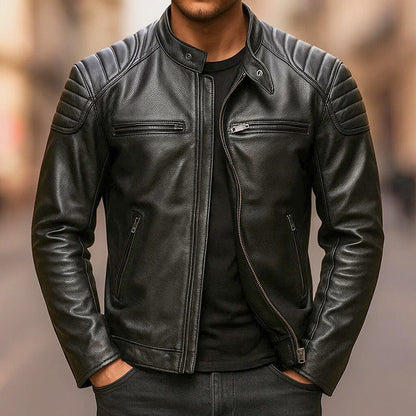 Men's Faux Leather Jacket with Reinforced Shoulders and Motorcycle Zip Details