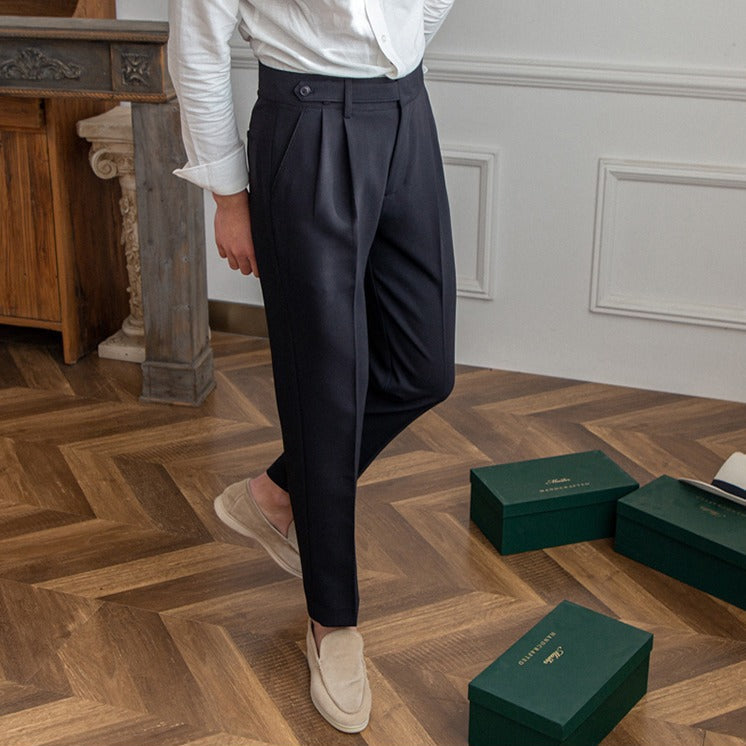 Pantaloni Uomo da Abito Dritti Vita Media Antipiega con Chiusura a Fibbia – Stile Formale