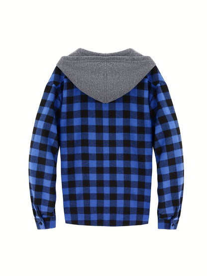 Men's Autumn Flannel Shirt-Jacket with Hood and Checkered Pattern