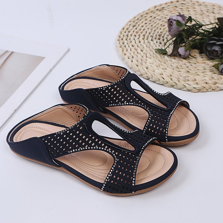 Women's Open Toe Sandals with Rhinestones and Cutout Details – Casual Sandals