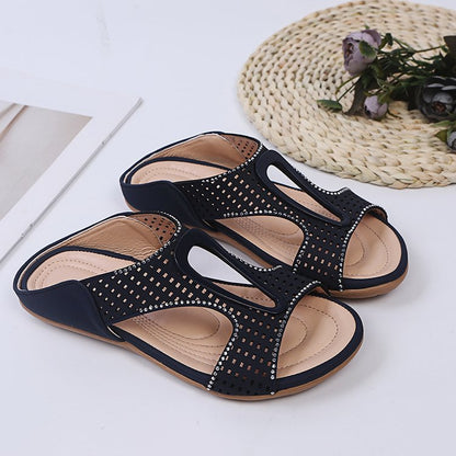 Women's Open Toe Sandals with Rhinestones and Cutout Details – Casual Sandals
