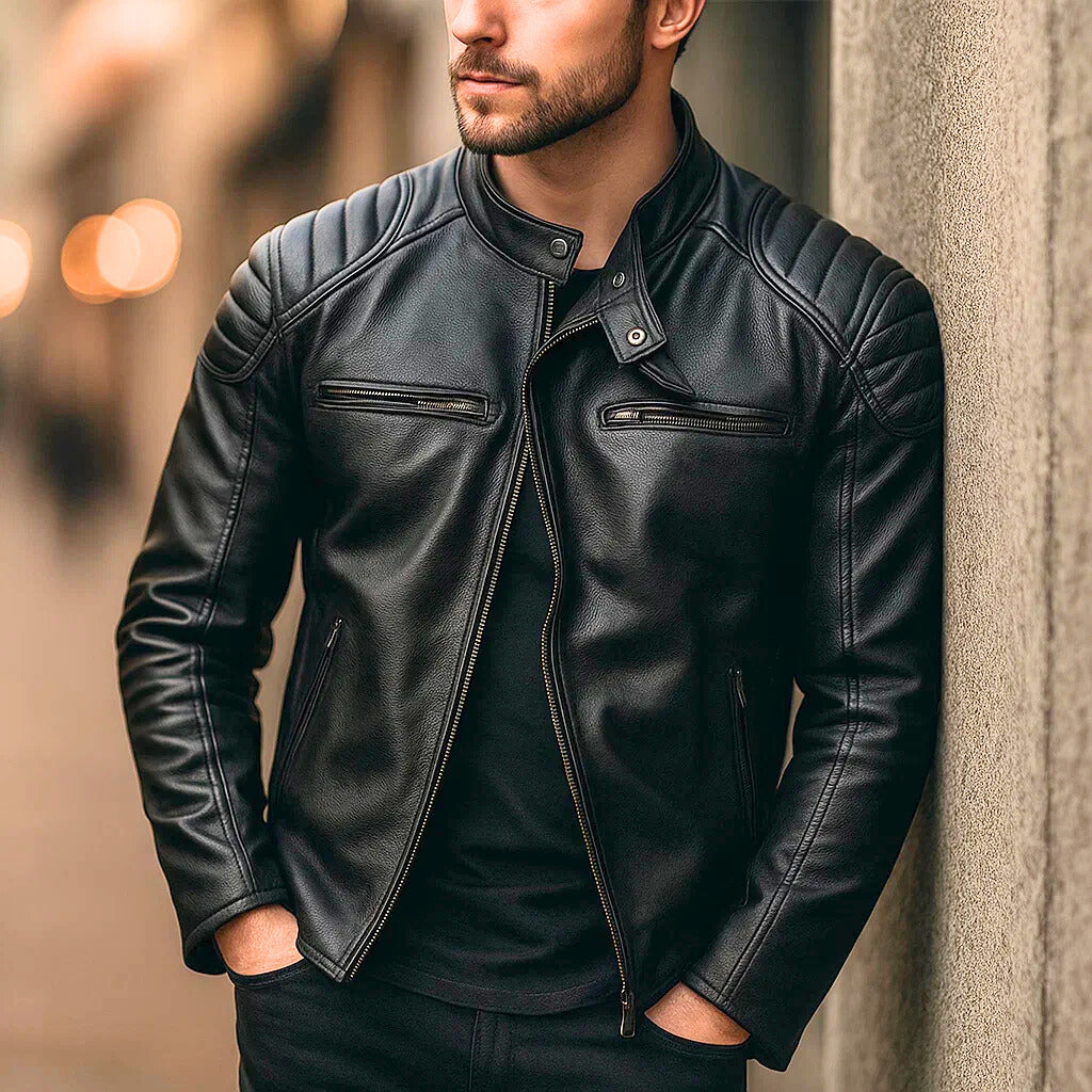 Men's Faux Leather Jacket with Reinforced Shoulders and Motorcycle Zip Details