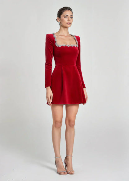 Abito Mini Donna in Velluto con Scollo Quadrato, Maniche Lunghe e Gonna Svasata