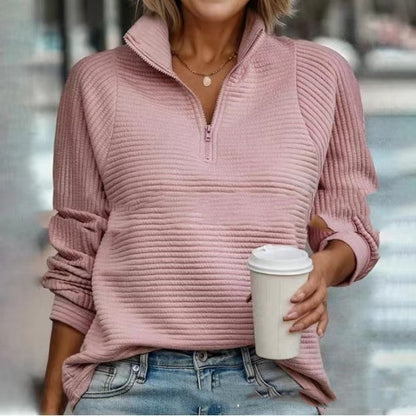 Women's Pullover Sweatshirt with High Neck Zip and Long Striped Sleeves