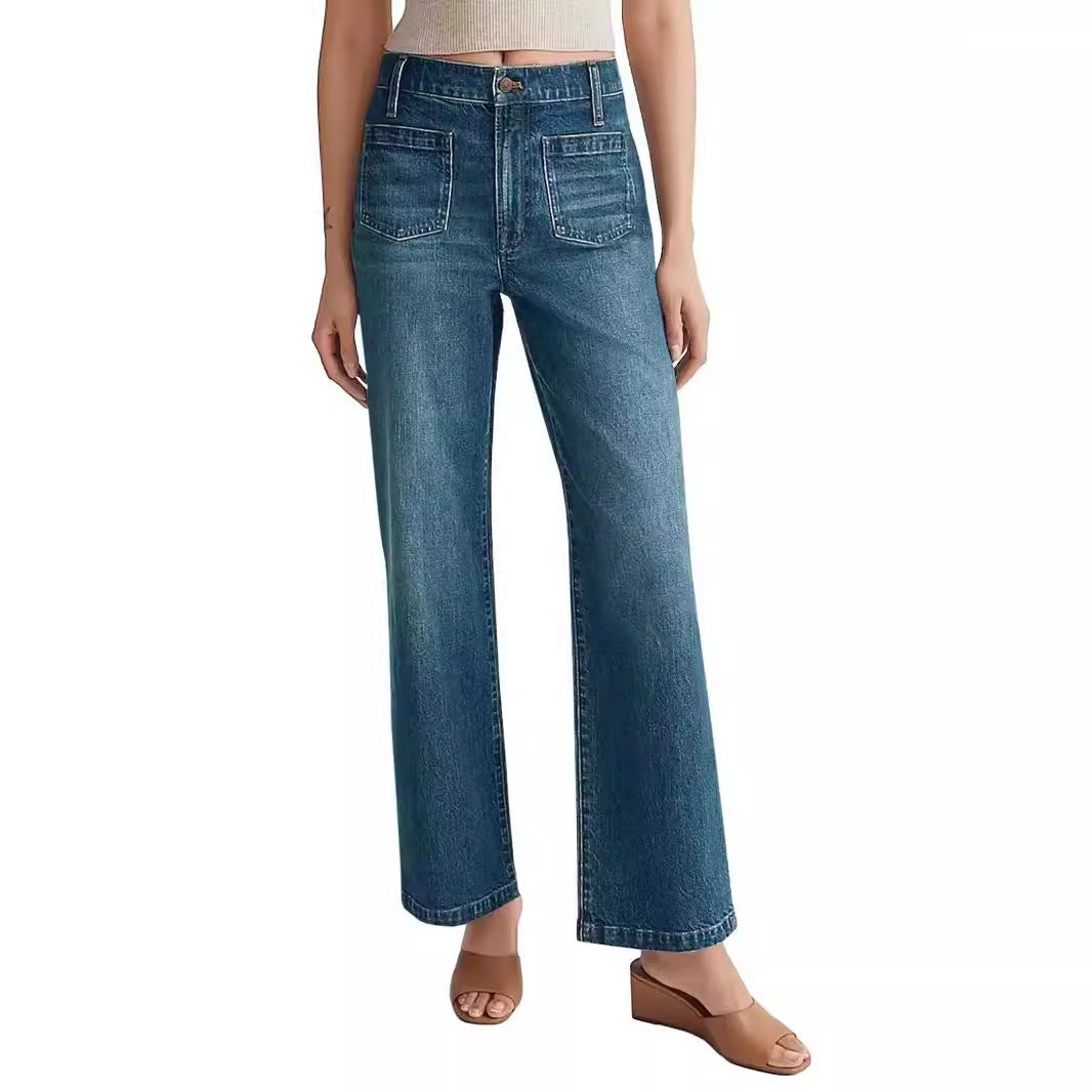 Women's High-Waisted Wide-Leg Jeans with Ripped Design and Square Pockets