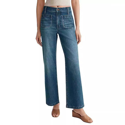 Women's High-Waisted Wide-Leg Jeans with Ripped Design and Square Pockets