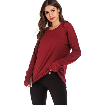 Jersey de mujer de manga larga con cuello redondo, ajuste holgado y color liso
