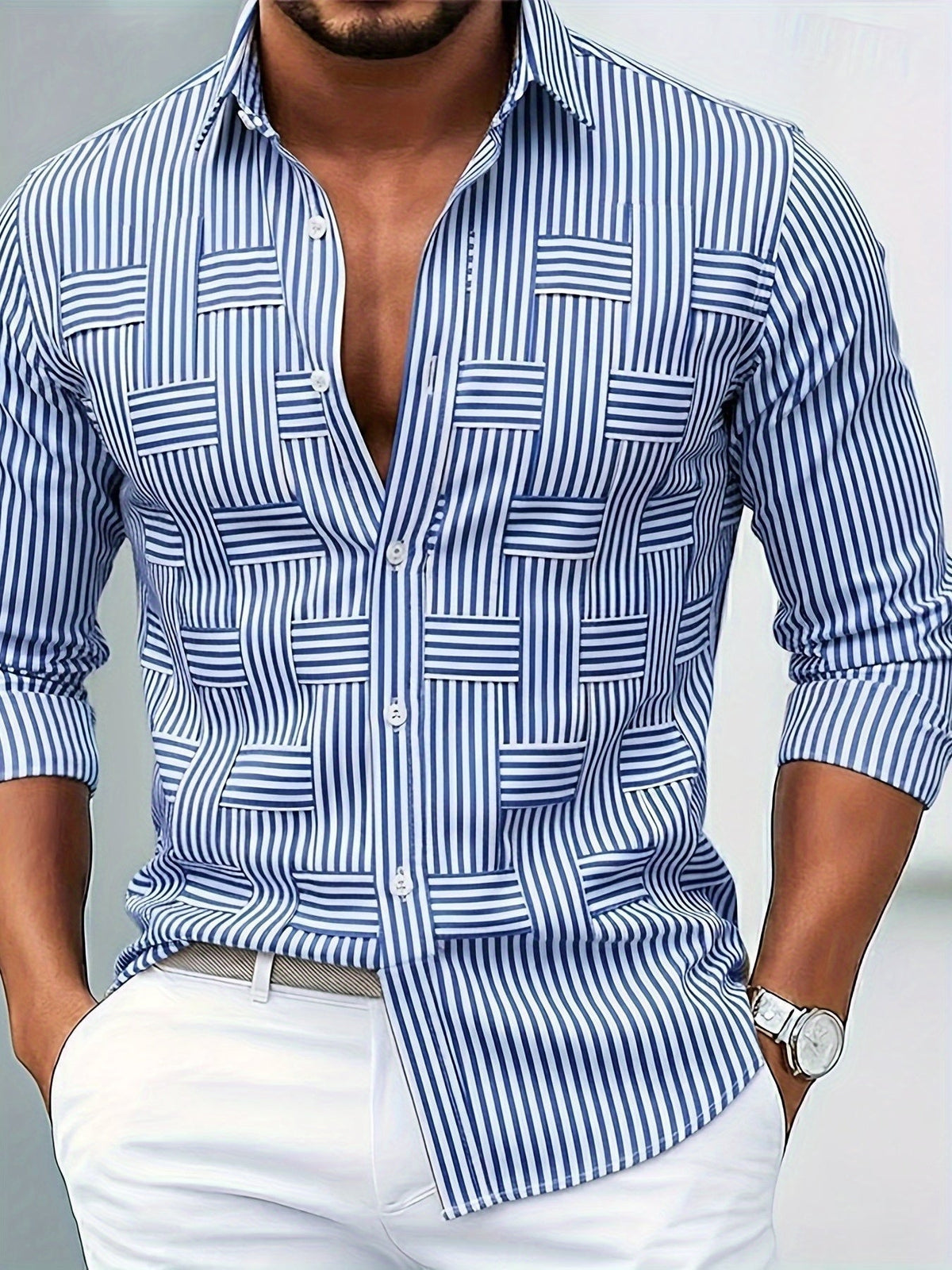 Camisa de hombre a rayas de estilo retro con botones, cuello clásico, corte cómodo y mangas largas.