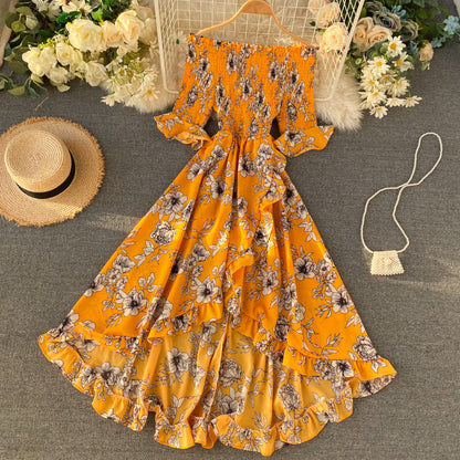 Abito Midi Donna con Spalle Scoperte, Maniche Corte e Volant – Stile Estivo