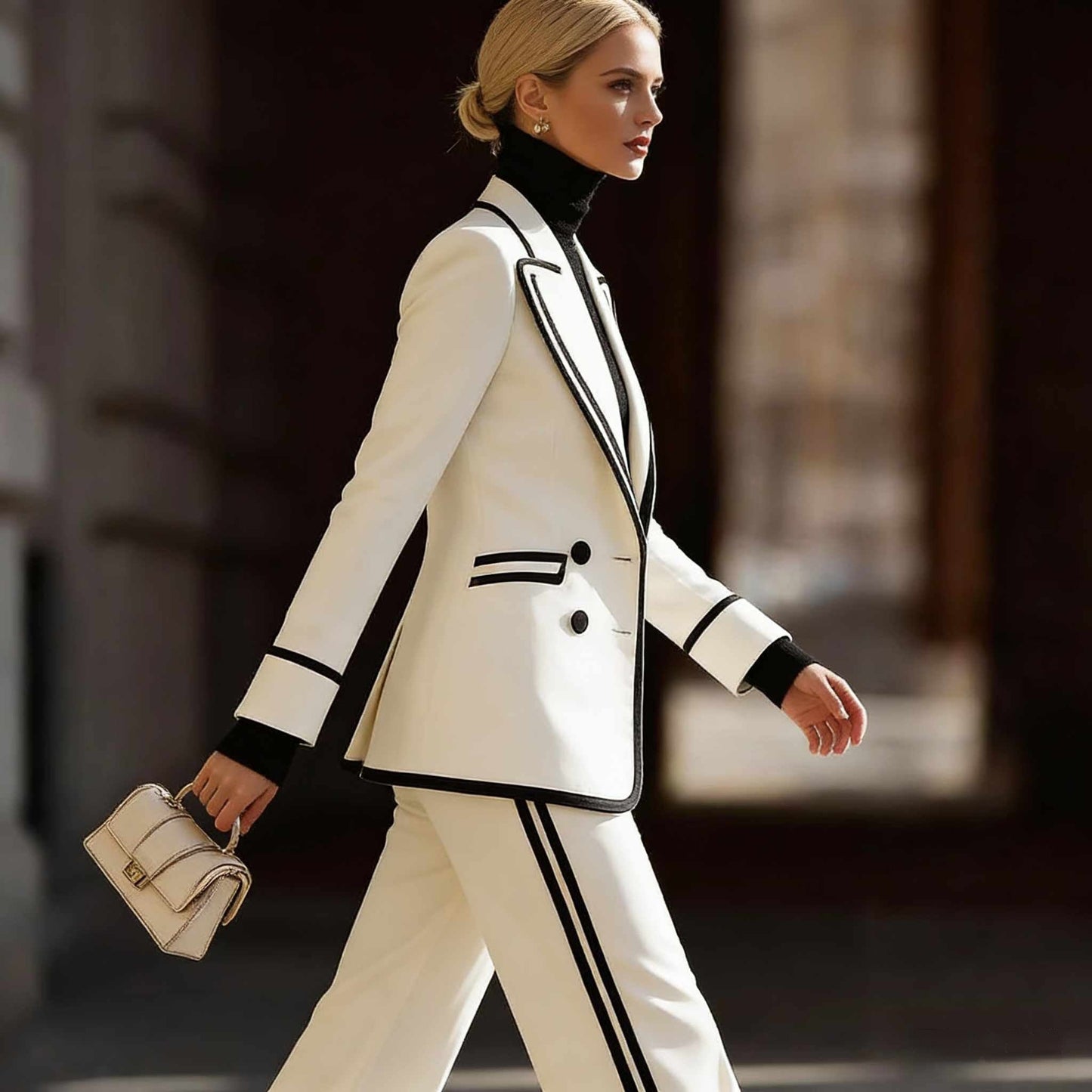 Completo de mujer con blazer cruzado de manga larga y pantalones largos – diseño color block