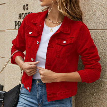 Women's Long Sleeve Denim Jacket with Collar and Front Button Closure