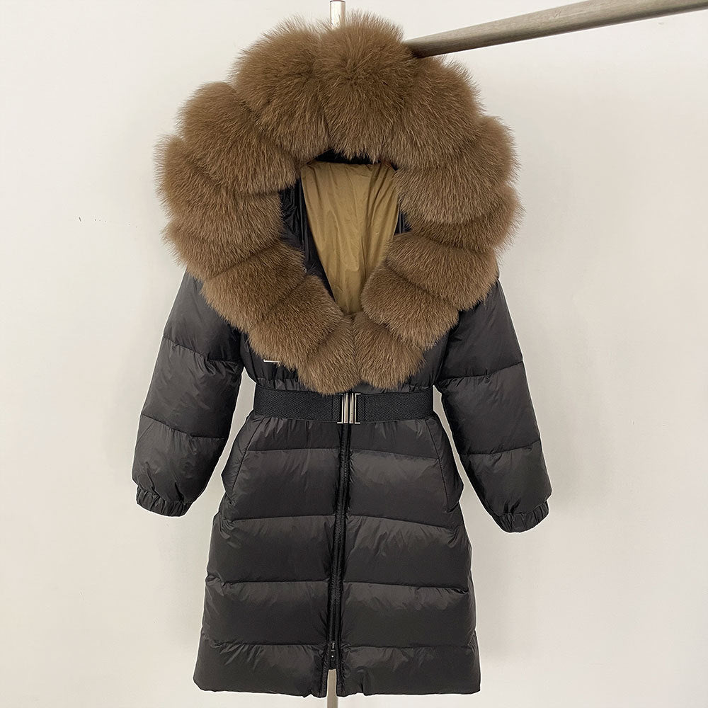 Women's Winter Coat with Long Hood and Removable Fur Collar