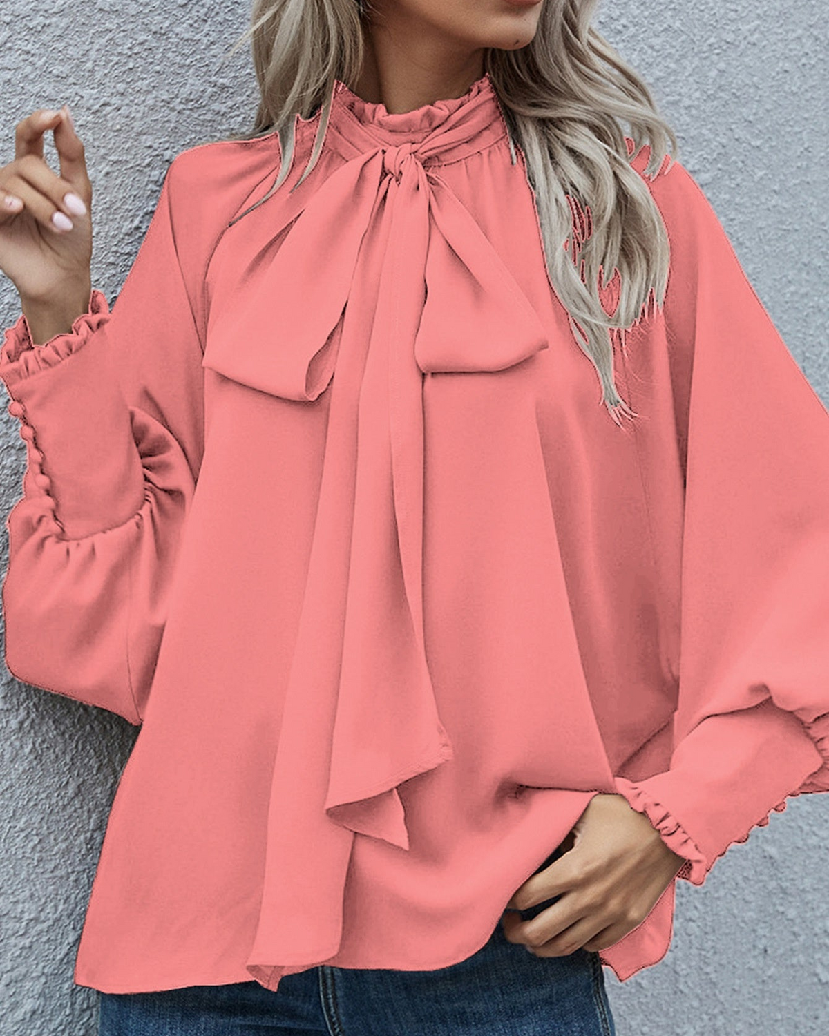 Women's Long-Sleeve Blouse with Tie and Puff Sleeves