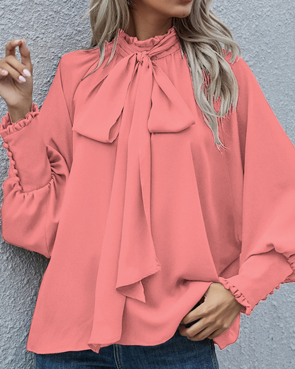 Women's Long-Sleeve Blouse with Tie and Puff Sleeves