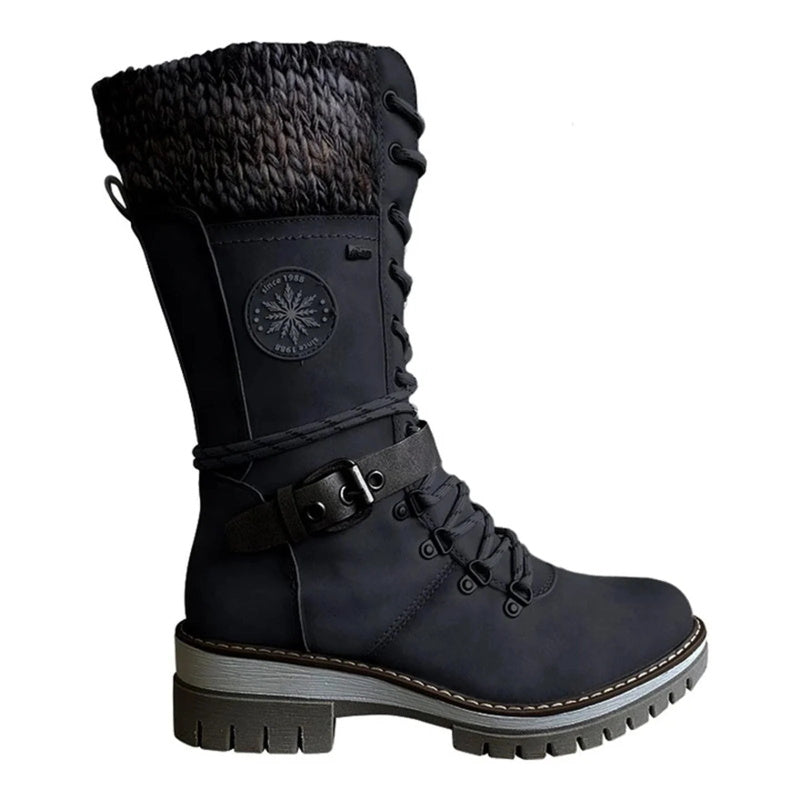 Women's Winter Lace-Up Boots with Rounded Toe, Block Heel, and Buckle.