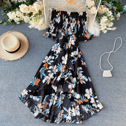 Abito Midi Donna con Spalle Scoperte, Maniche Corte e Volant – Stile Estivo