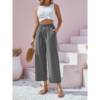 Women's High-Waisted Straight Casual Pants – Linen Style in Cotton Blend