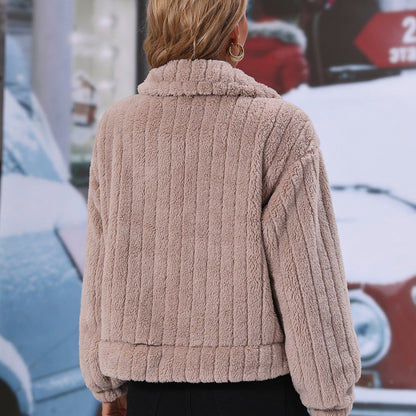 Women's Long Sleeve Autumn Coat with Striped and Checked Pattern