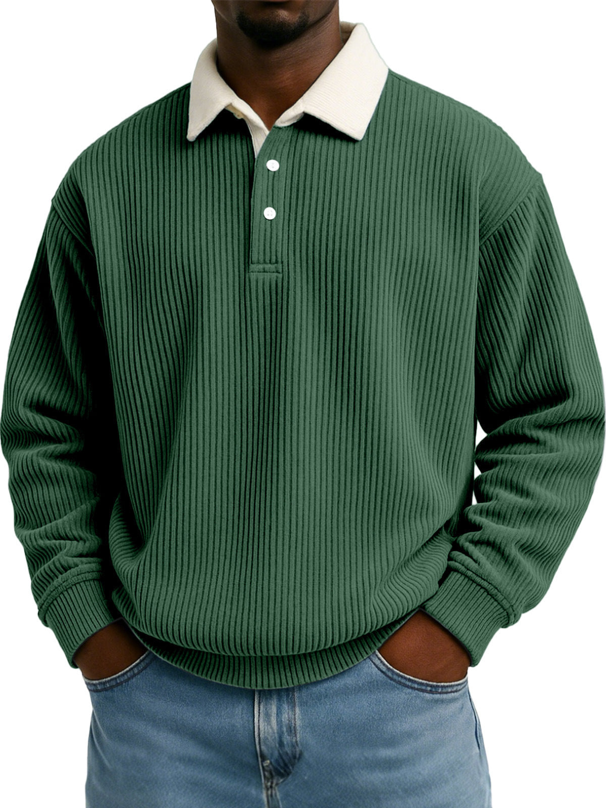 Camisa de hombre de pana retro color block con estampado de rayas y manga larga