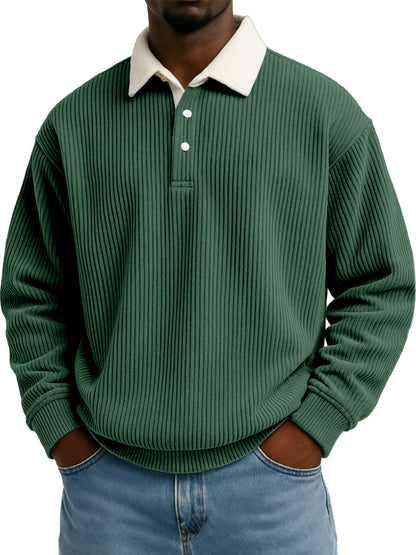 Camisa de hombre de pana retro color block con estampado de rayas y manga larga