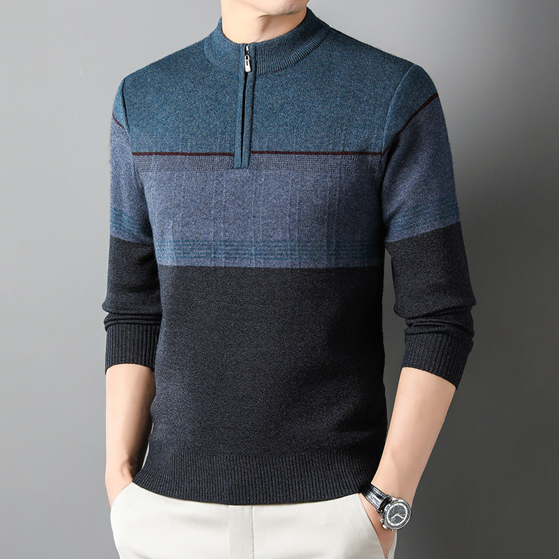Men's Pullover Sweater with Zip Collar and Long Sleeves