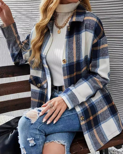 Women's Long Sleeve Shirt with Checkered Pattern, Turn-Down Collar, and Dropped Shoulders