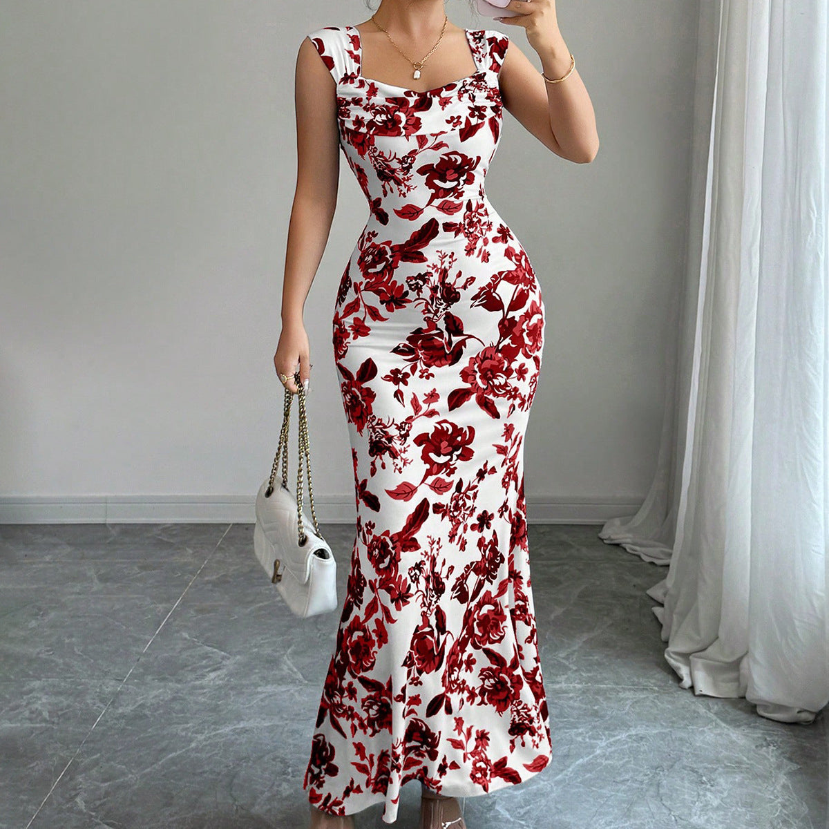 Abito Midi Donna con Scollo Quadrato, Nodo Frontale e Vita Alta – Abito Floreale Elegante