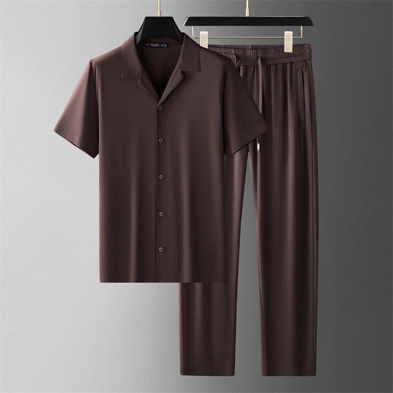 Conjunto de verano para hombre con camisa de manga corta y pantalones a juego – Casual con sensación de seda