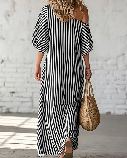 Women’s Long Summer Striped Dress with One-Shoulder Neckline and Ruffle