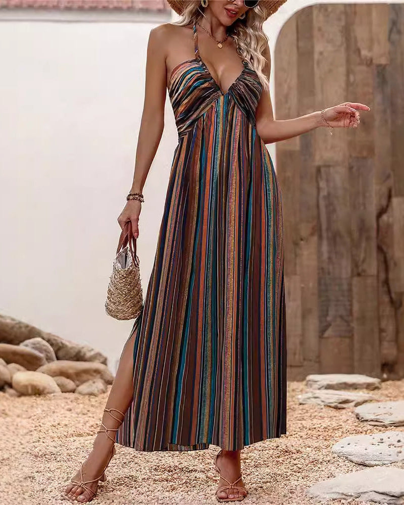 Abito Estivo Donna Senza Maniche con Spalline Sottili e Stampa Midi – Abito Casual Estivo