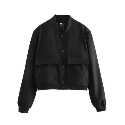 Chaqueta bomber de mujer para otoño con bolsillos delanteros y diseño liso