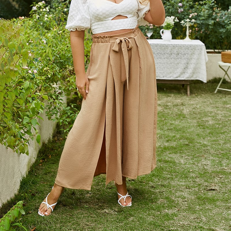 High-Waisted Women's Pants with Buckle, Wide Leg, and Cropped Length