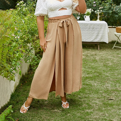 High-Waisted Women's Pants with Buckle, Wide Leg, and Cropped Length