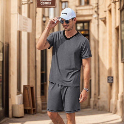 Men's Summer Two-Piece Set with Short Sleeve T-Shirt and Shorts – Casual Silk Feel Outfit
