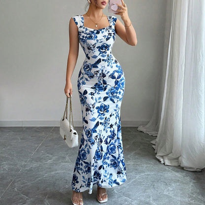 Abito Midi Donna con Scollo Quadrato, Nodo Frontale e Vita Alta – Abito Floreale Elegante