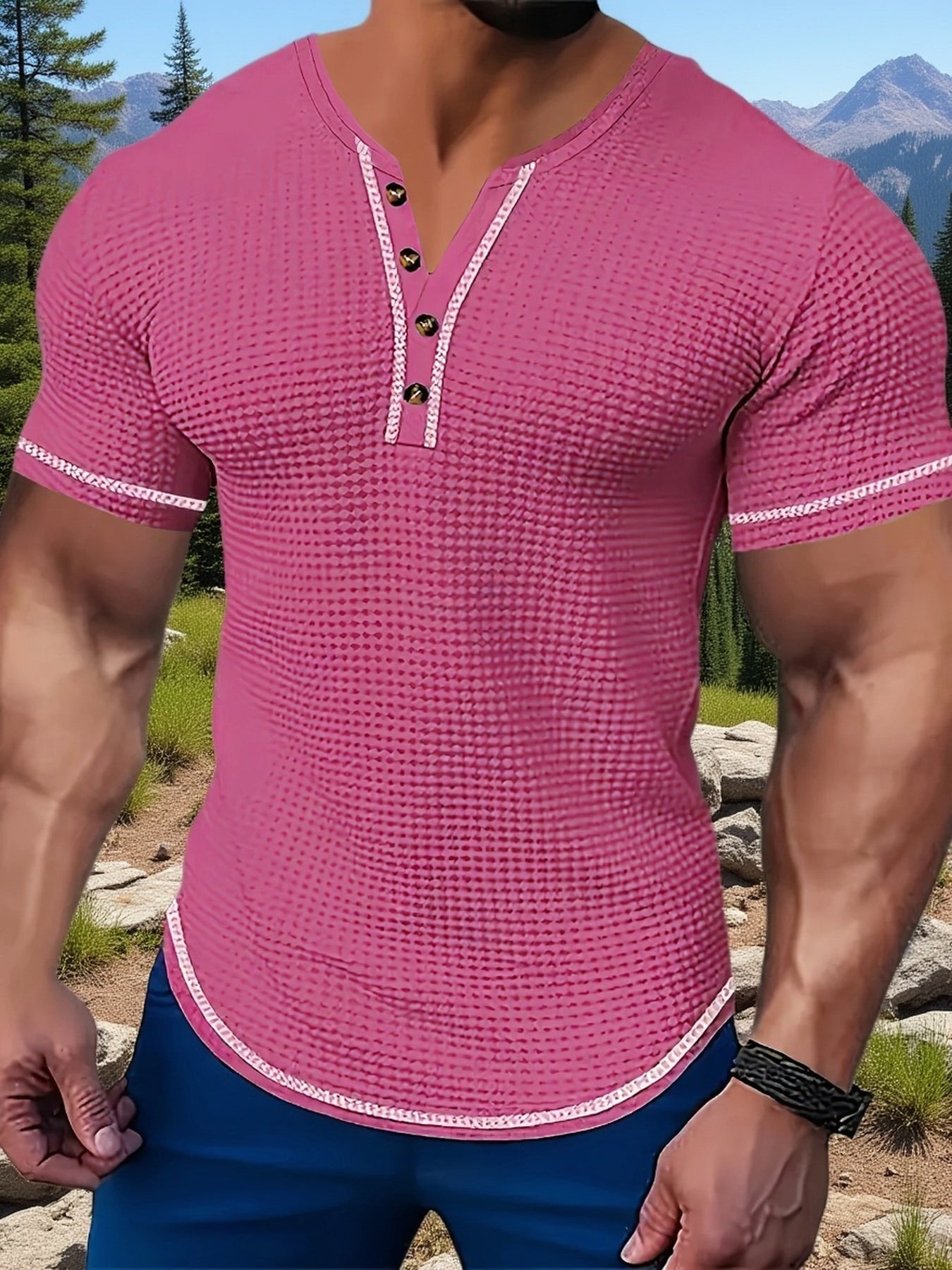 Men’s Short-Sleeve Henley Shirt with Contrast Trim