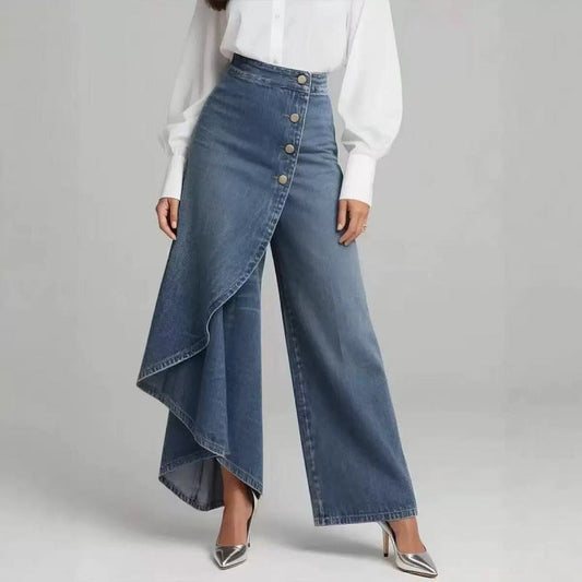 Dameskorts med knaplukning i vasket denim
