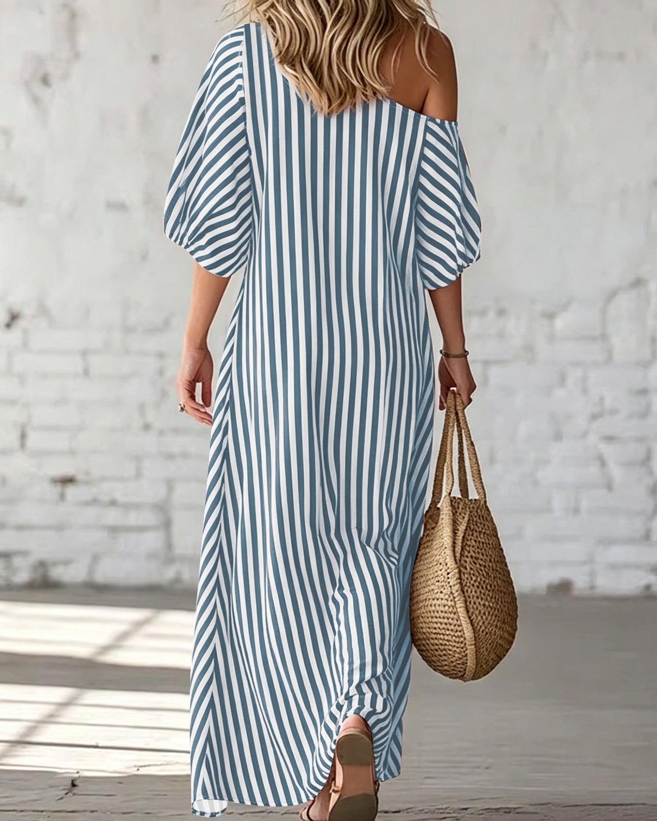 Women’s Long Summer Striped Dress with One-Shoulder Neckline and Ruffle