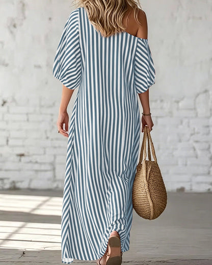 Women’s Long Summer Striped Dress with One-Shoulder Neckline and Ruffle