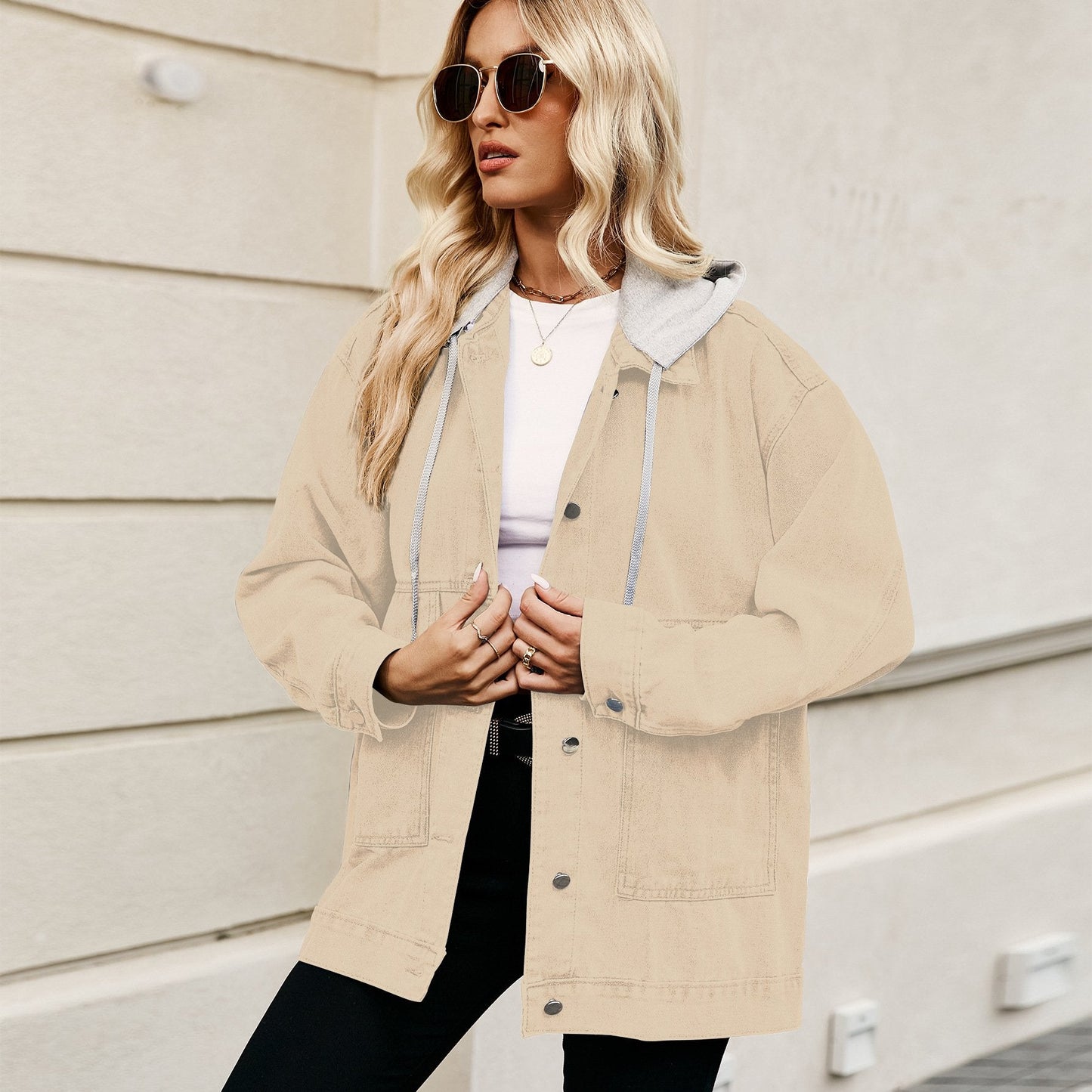 Women's Spring Denim Jacket with Detachable Hood and Loose Fit