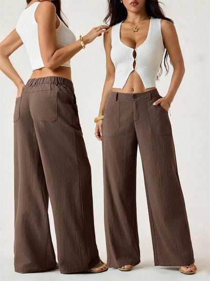 Pantaloni Da Donna Primaverili In Cotone E Lino A Gamba Larga, Con Vita Media E Tasche Laterali.