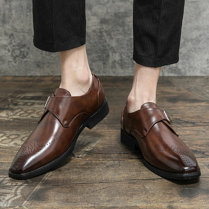 Men's Elegant Brown Faux-Leather Shoes with Metal Buckle and Brogue Details.
